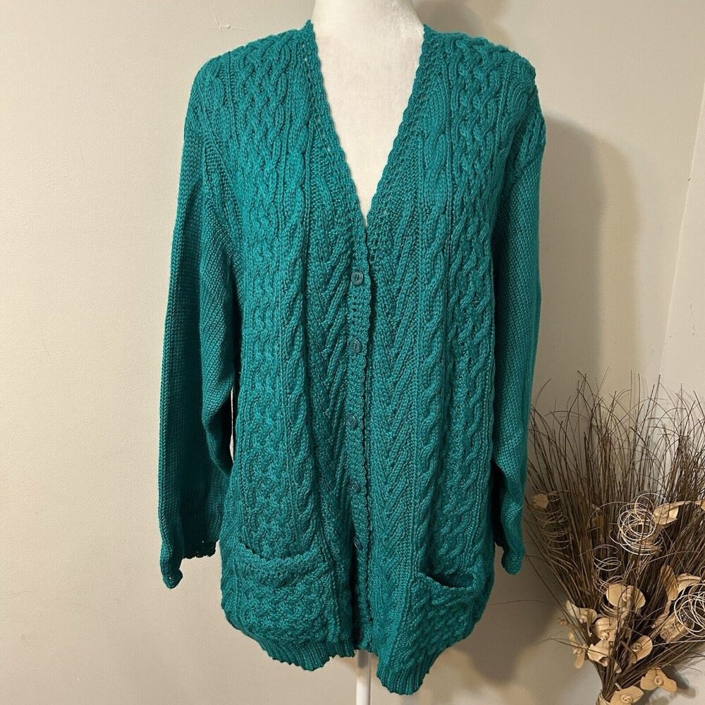 Vtg Original Russ Sport Company Aqua Green Cable Wool Blend Cardigan Sweater 3X
